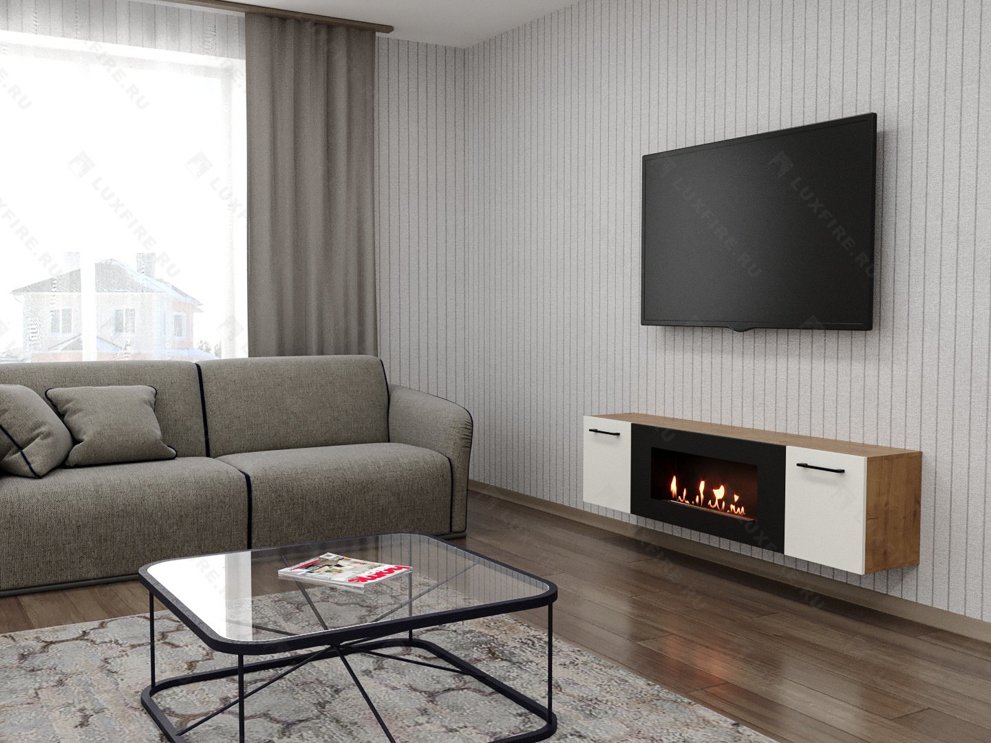 Тумба универсальная Lux Fire "Байкал Р" с ножками 1600, дуб вотан/белый матовый с биокамином 900 по цене 72 954 руб.